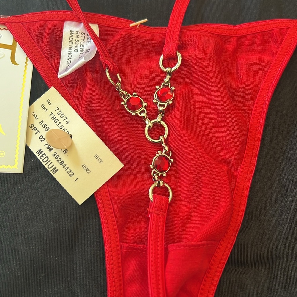 NWT Vintage sexy RED satin jeweled thong panties. Sz. Medium. Red jewels on back